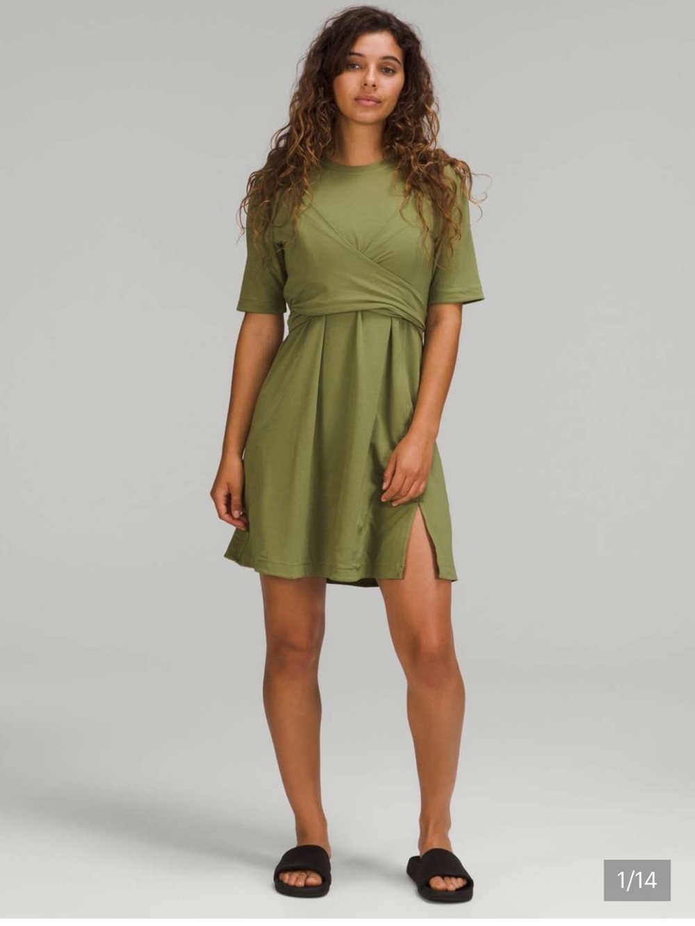Lululemon front tie cotton mini dress 2 bronzed olive green